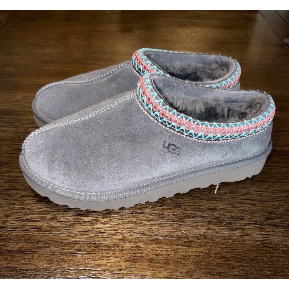 UGG Tasman Slippers Women's 7 Gray Suede Braided Collar Slip On Comfort Shoes